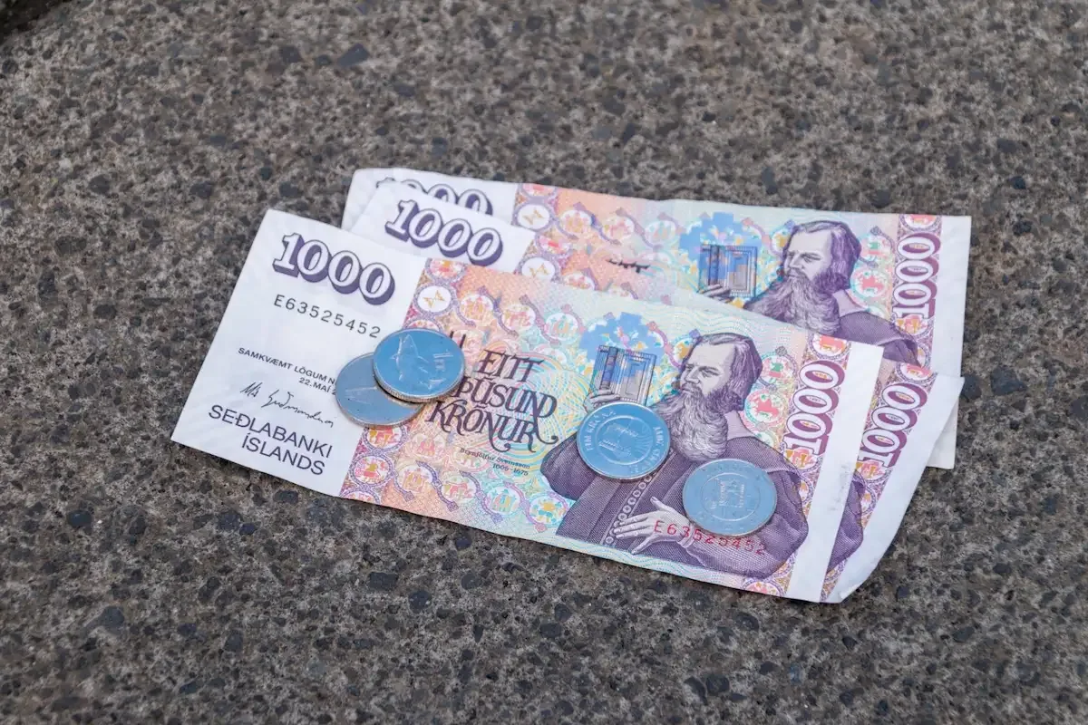 Icelandic Krona currency including ISK banknotes and coins used for prices in Iceland