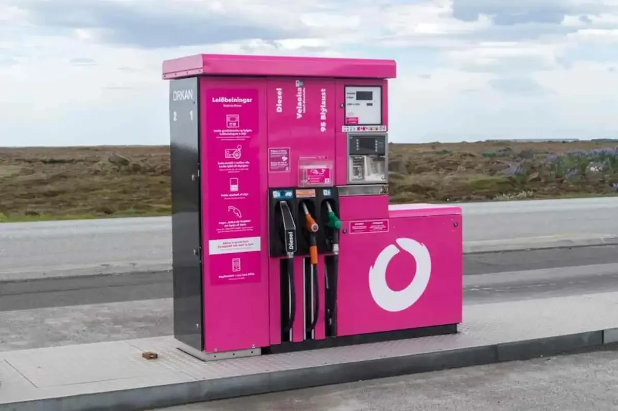 Self service fuel station in Iceland showing card payment terminal for campervan travelers
