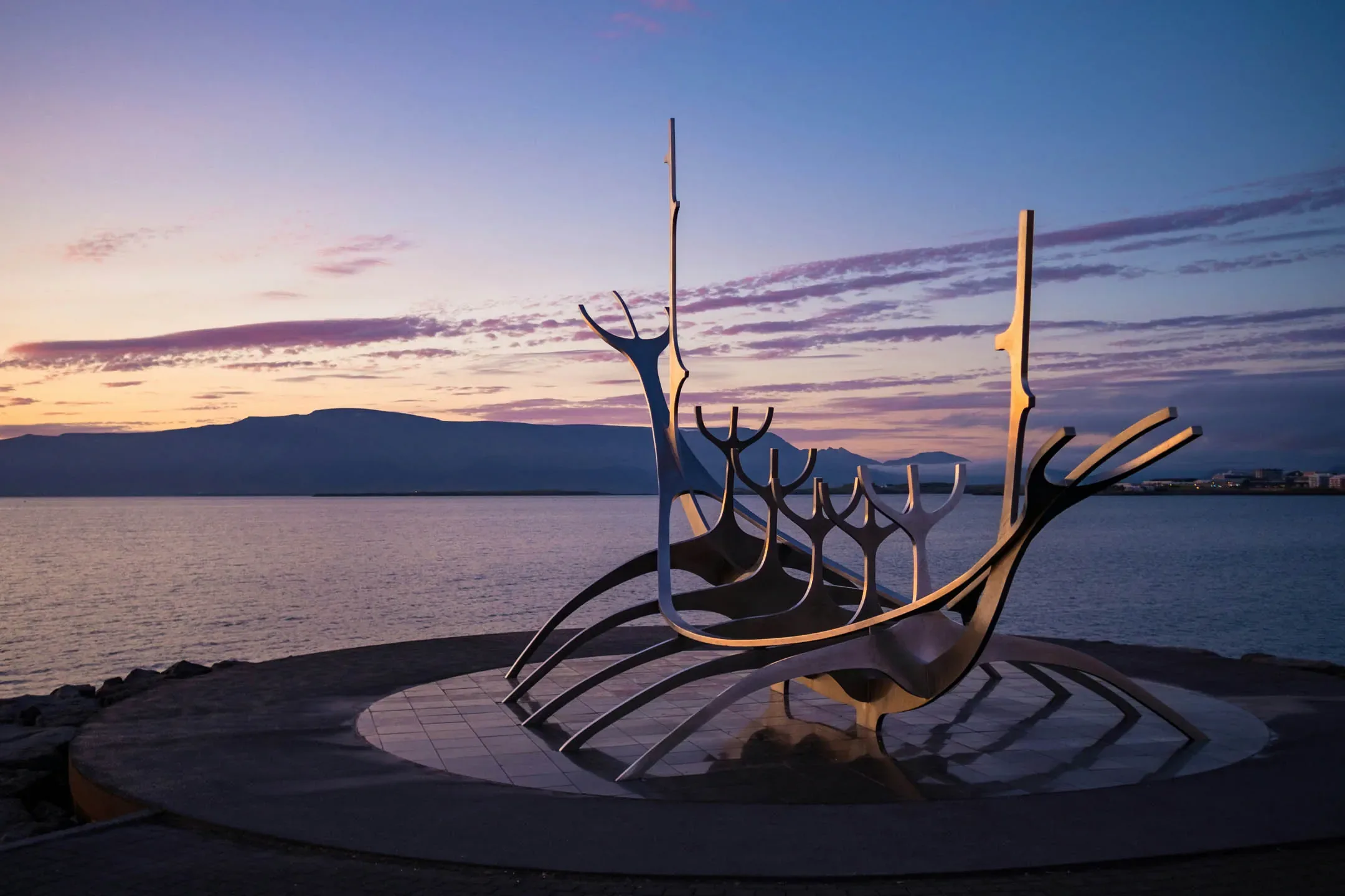 The Sun Voyager sculpture at sunset in Reykjavik
