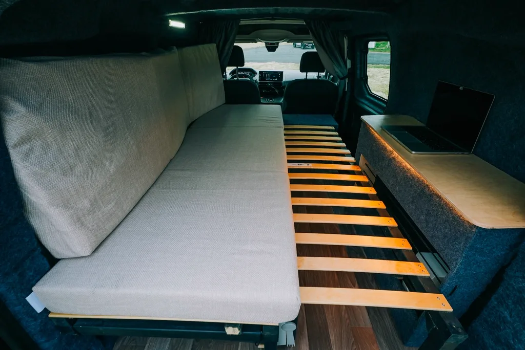 Premium 2 includes bedding, kitchen equipment, fridge, gas stove, water jug, table, chairs, heating, and off-grid power for two travelers.