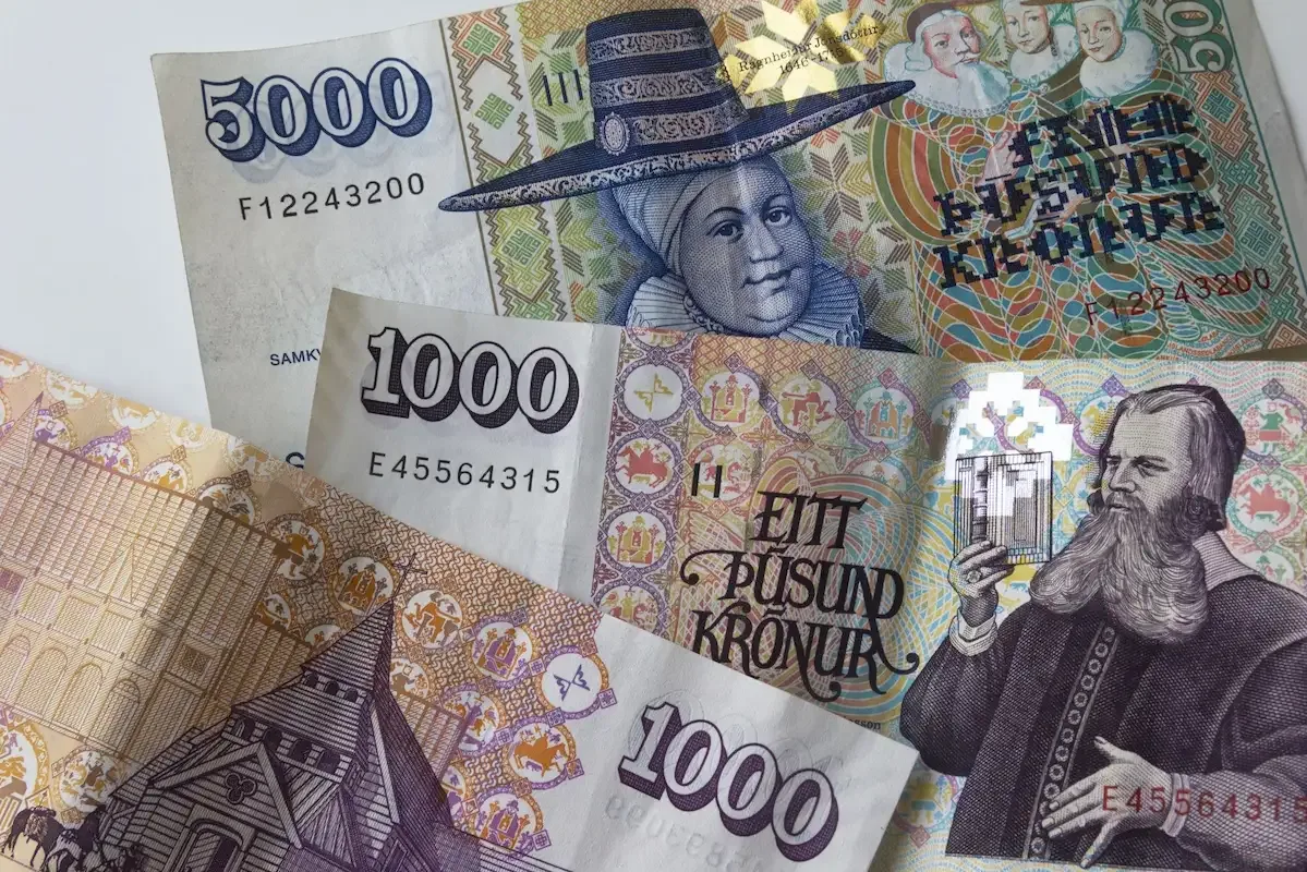 Icelandic Krona currency including ISK banknotes and coins used for prices in Iceland