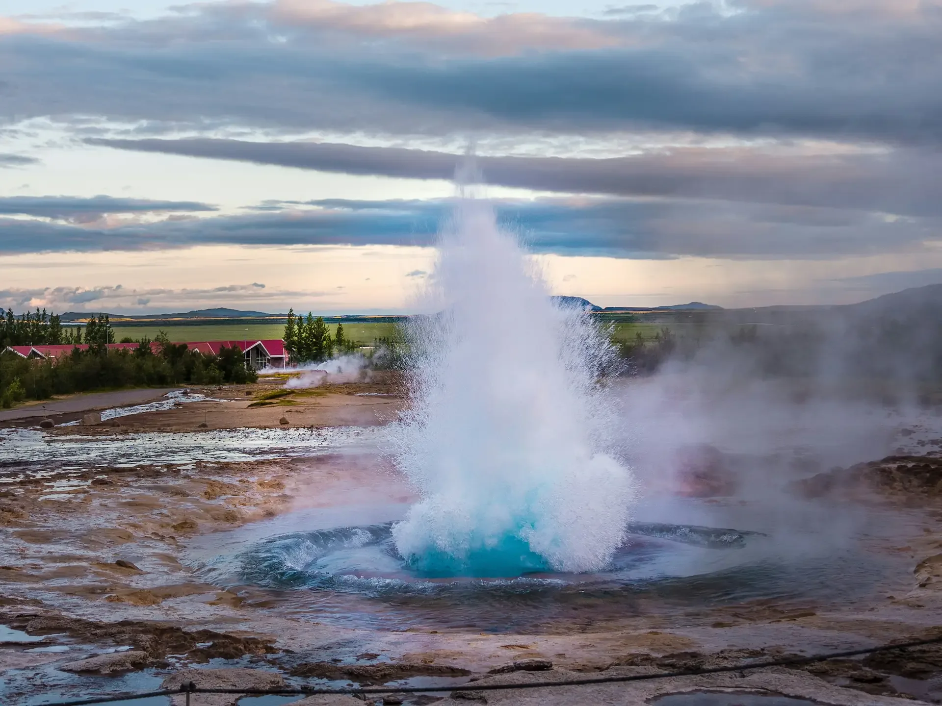 Geyser erupting with a tall plume of steam and water against a cloudy Icelandic landscape.