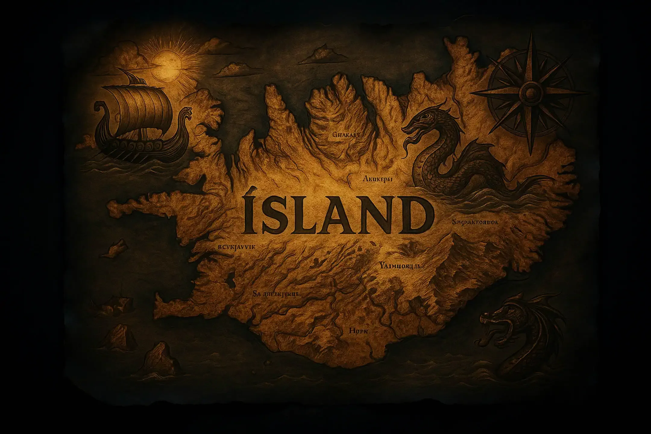 Cinematic Viking style map of Iceland illustrated on aged parchment, featuring a longship, sea monsters, carved compass rose and dramatic coastlines with labeled regions.