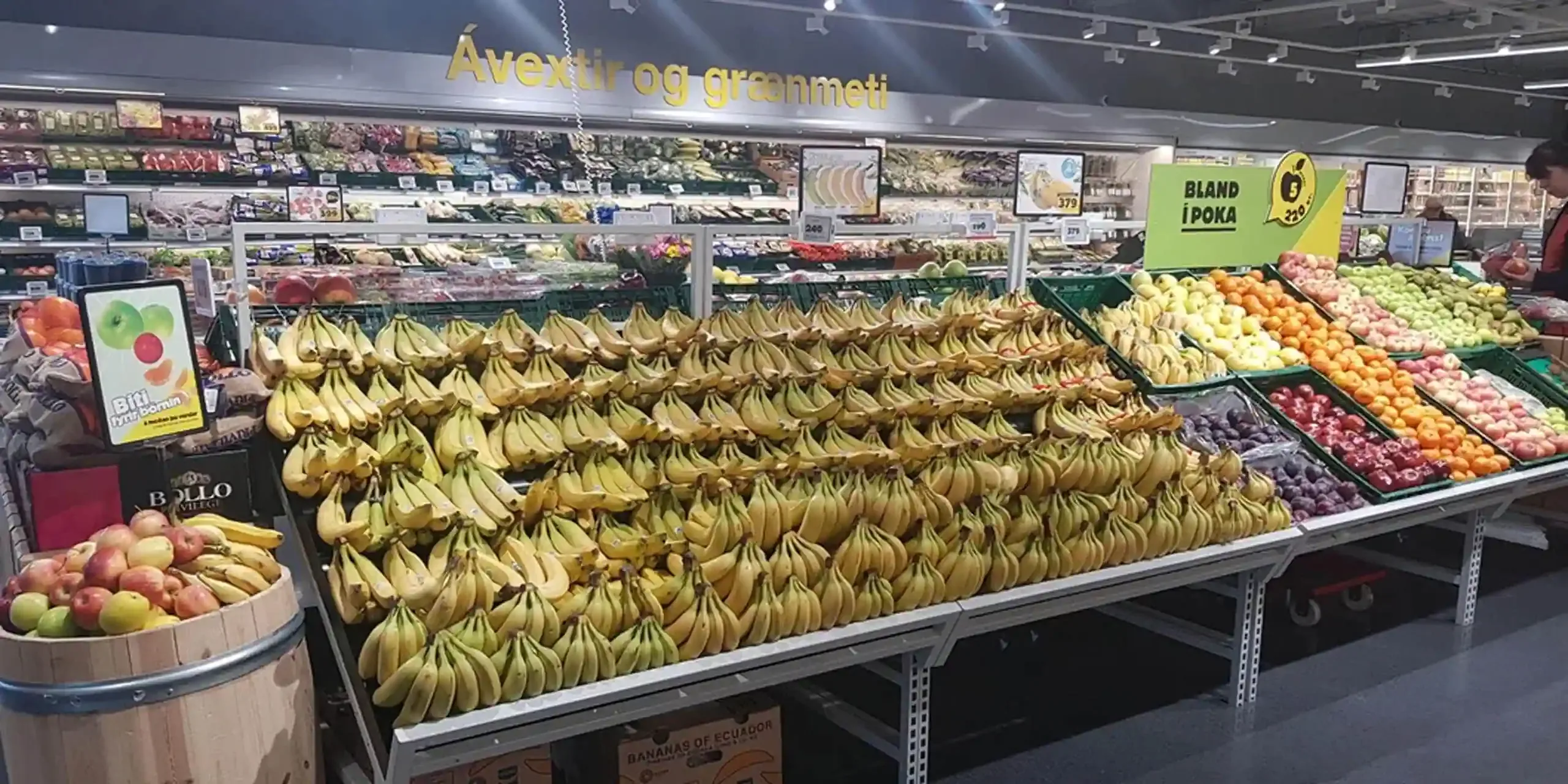 Fresh fruit display inside an Icelandic supermarket, showing affordable groceries in Iceland for campervan trips