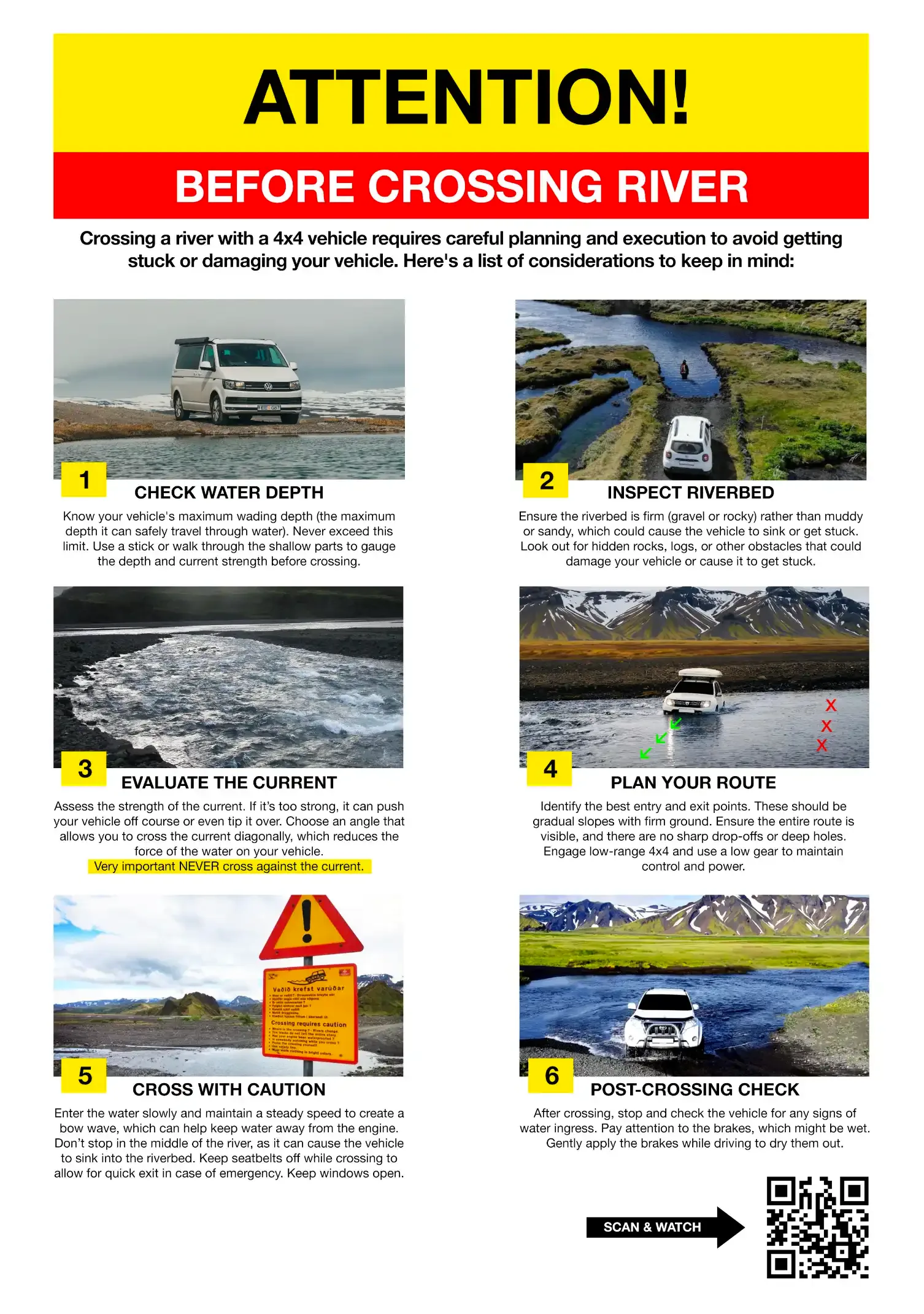 Assessing an Iceland F-road river crossing — checking depth, riverbed, current and route