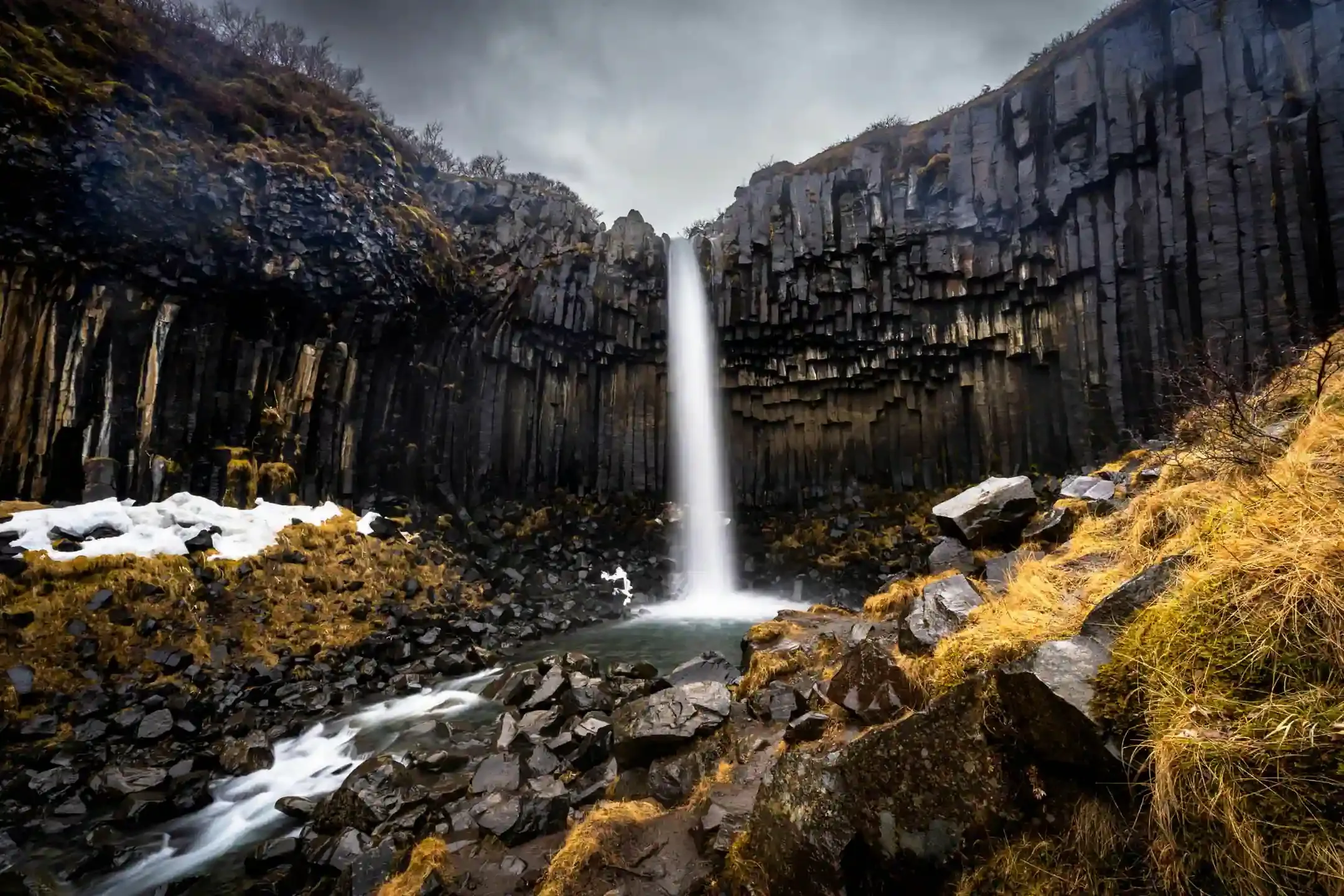 Svartifoss waterfall close to Skaftafell campsite, one of the best campsites in Iceland for campervans.